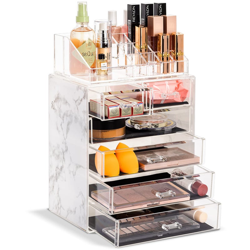 Sorbus Acrylic Makeup Organizer Set 6Drawer Vanity  Countertop Cosmetic Storage with Small  Wide Compartments Marble Print Makeup Storage for Brushes Jewelry  Holiday Gift for Women  Teens